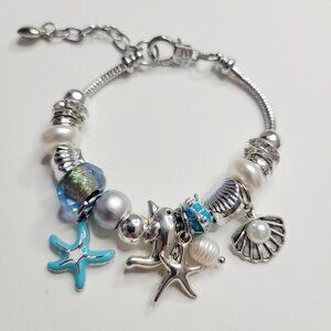 NWT Pandora Style Charm Bracelet Dolphin Starfish Shell Pearl Blue Glass Silver